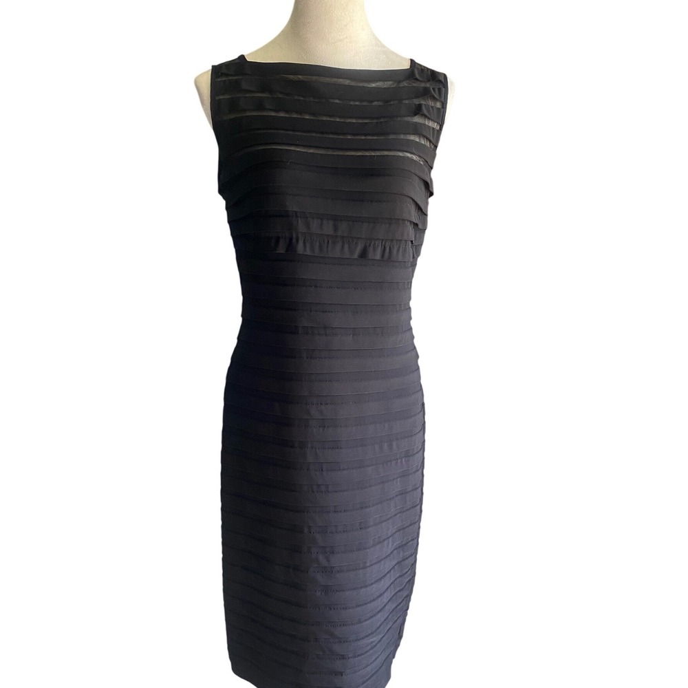 Adrianna Papell Black Tiered Ribbon Sheath Dress Size 12 Sleeveless Cocktail